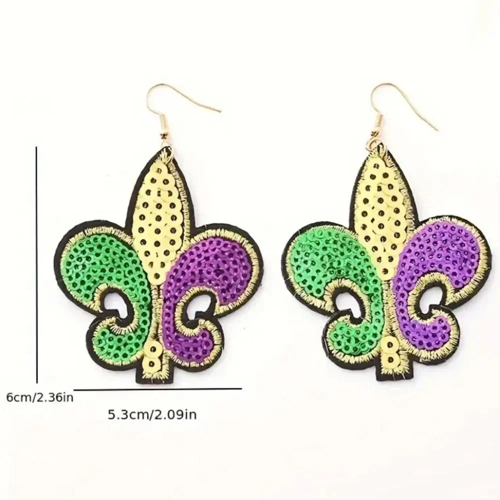 Sequin Fleur-de-Lis Earrings Mardi Gras Carnival Embroidered Dangle Jewelry New